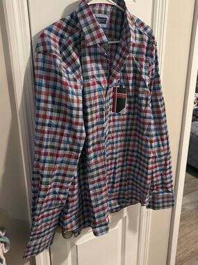 Modern English Red Blue Green Plaid Button-Down Shirt
